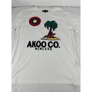 Akoo Men's Graphic T-Shirt White Palm Tree And Fax Embroidered  Logos Cotton M